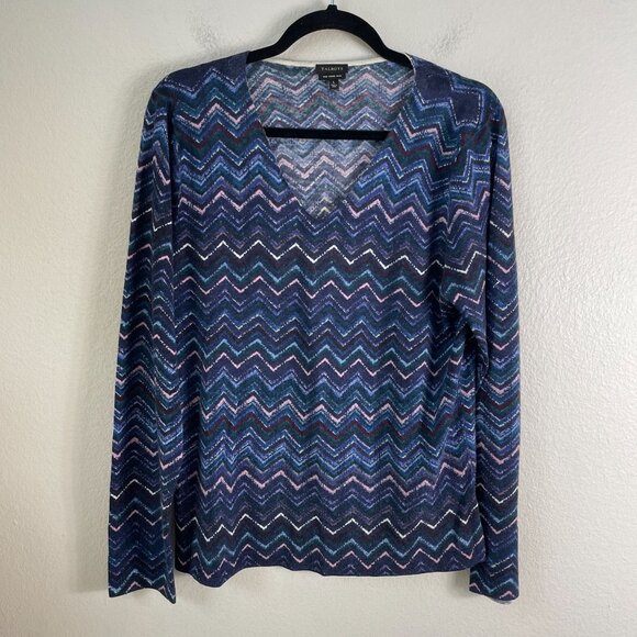 Talbots Womens Large Pure Merino Wool V Neck Sweater Chevron Navy Multicolor - Picture 7 of 10